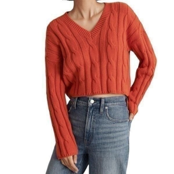 Madewell Women's V-Neck Cable Knit Sweater - Orange Size M - Picture 3 of 3